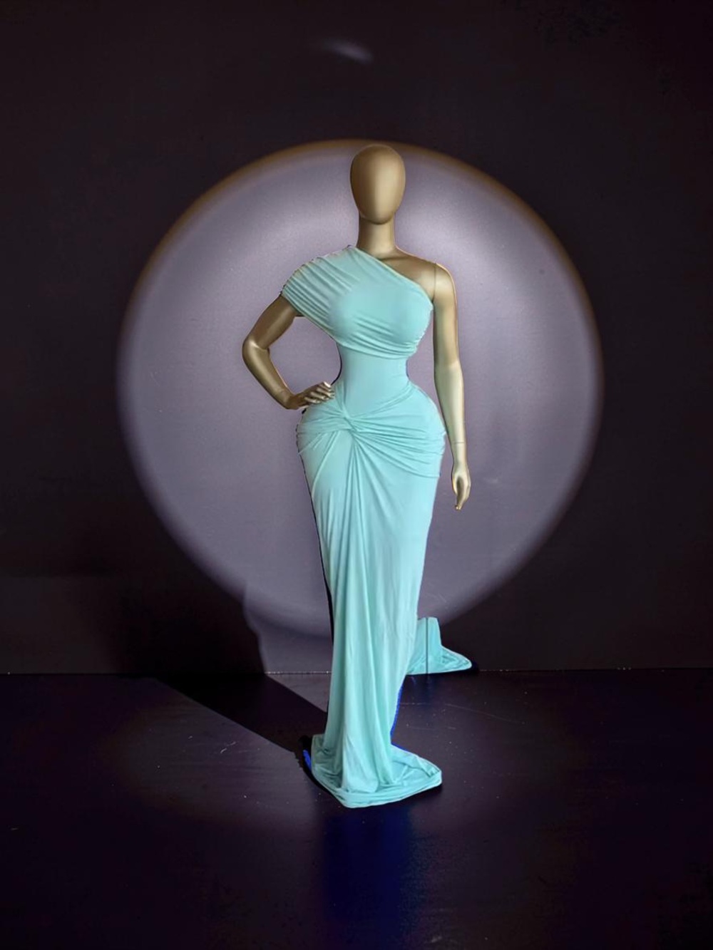 One-Shoulder Aqua Draped Evening Gown